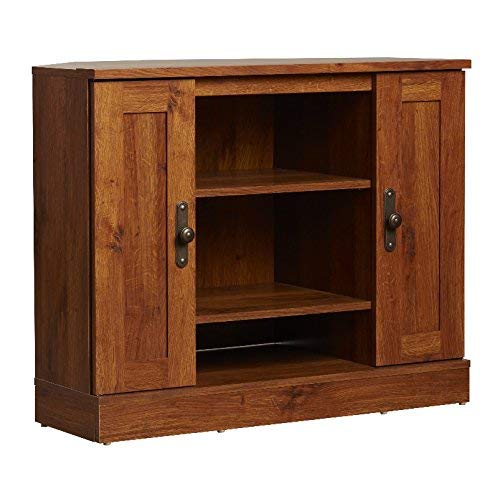 Corner TV Stands for Flat Screens - Entertainment Center Media Console With Cabinet Storage Furniture in Oak - Bundle w Anti-slip Accessory Pad